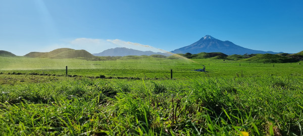 Irrigation application of effluent on a farm with Mt Taranaki in the background
