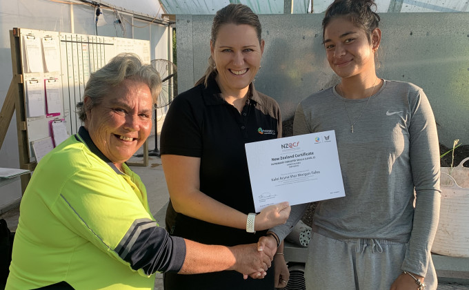 Martina presents Level 2 certificate to Kalei Morgan Tafea with Wendy Watts as 4098 assessor